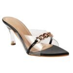 SHEYEL Women’s Transparent Pencil Heels | Clear Strap Sandals with Golden Chain | Black Slip-On | 3 Inch Heel