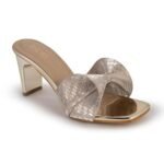 SHEYEL Women’s Golden Block Heel Sandals with Bow Design | Stylish Slip-On Fashion Wear Sandals for Girls & Women