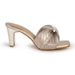 SHEYEL Women’s Golden Block Heel Sandals with Bow Design | Stylish Slip-On Fashion Wear Sandals for Girls & Women - Image 3