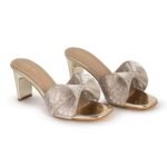 SHEYEL Women’s Golden Block Heel Sandals with Bow Design | Stylish Slip-On Fashion Wear Sandals for Girls & Women - Image 4