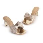 SHEYEL Women’s Golden Block Heel Sandals with Bow Design | Stylish Slip-On Fashion Wear Sandals for Girls & Women - Image 6