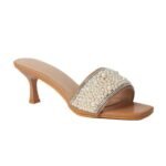SHEYEL Women's Pearl and Rhinestone Embellished Tan Heeled Sandals,2.5-inch