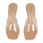 SHEYEL Clear Transparent Mule Sandals with Crystal Hourglass Heel, Square Toe, Nude Insole, 3.5 inches Heel - Image 3