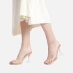 SHEYEL Clear Transparent Mule Sandals with Crystal Hourglass Heel, Square Toe, Nude Insole, 3.5 inches Heel - Image 4