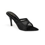 SHEYEL Women's Black Mesh Stiletto Heels | Embellished Stilettos Sandals | Slip On High Heel Sandals with Crystal Mesh Design | 3.5 Inches Heel