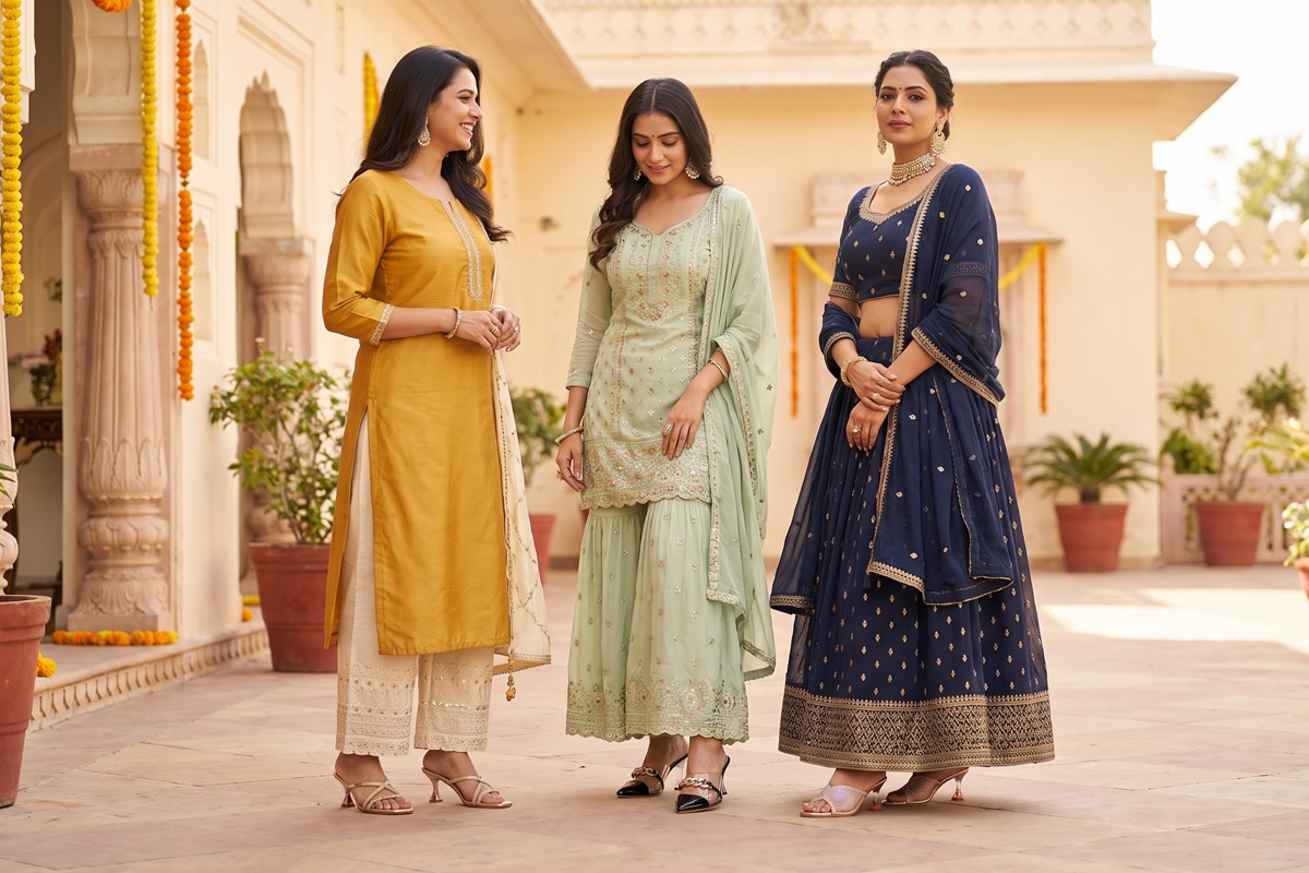 Three women wearing SHEYEL heels with a mustard kurta, pastel-green sharara and navy lehenga