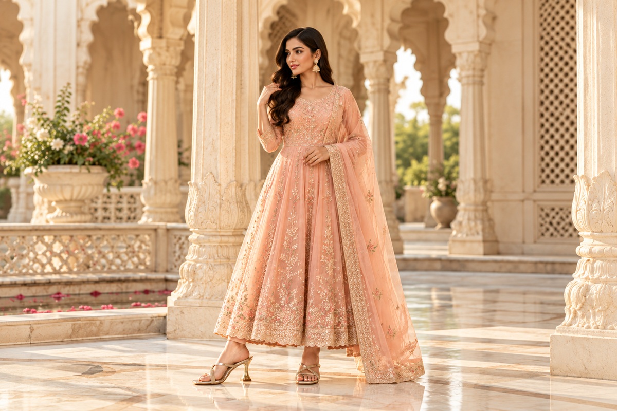 Woman wearing a peach embroidered Anarkali with gold embellished SHEYEL sandals.