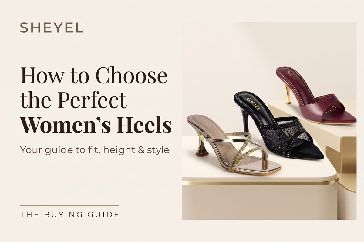 SHEYEL buying guide featuring gold embellished, black mesh and burgundy heels with the title How to Choose the Perfect Women’s Heels.