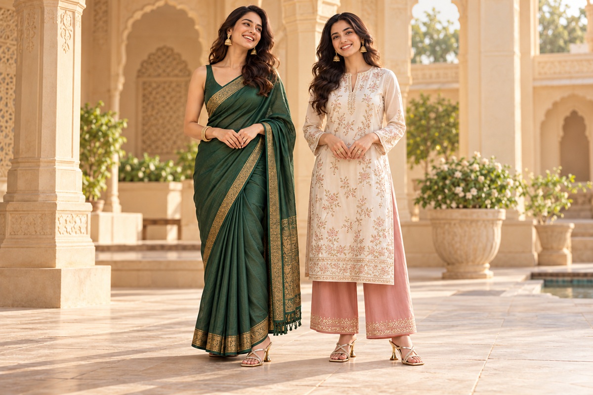 Two women wearing gold embellished SHEYEL heels with a green saree and an ivory kurta with pink palazzos