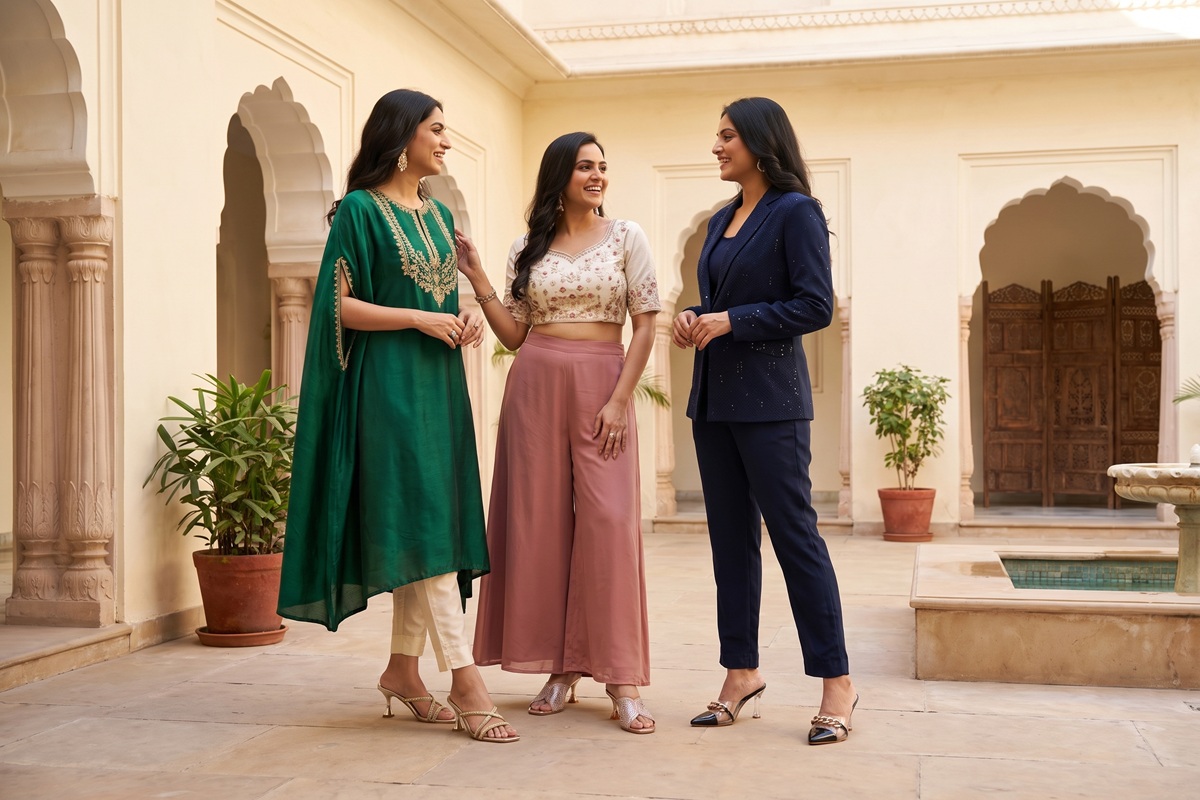 Three women styling SHEYEL heels with a cape kurta, palazzo set and tailored Indo-Western outfit in an ivory courtyard.