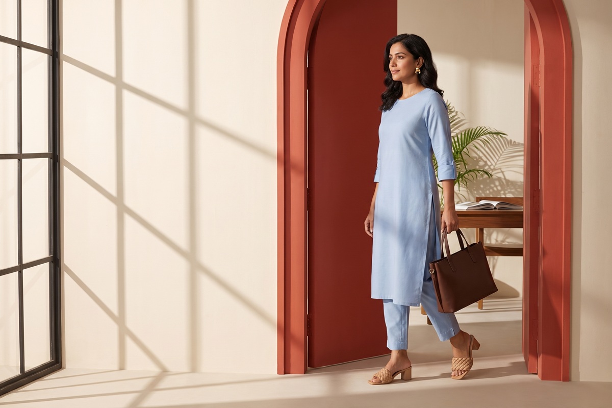 Woman in a powder-blue kurta and trousers stepping through a terracotta office doorway, wearing SHEYEL heels and carrying a brown work tote.