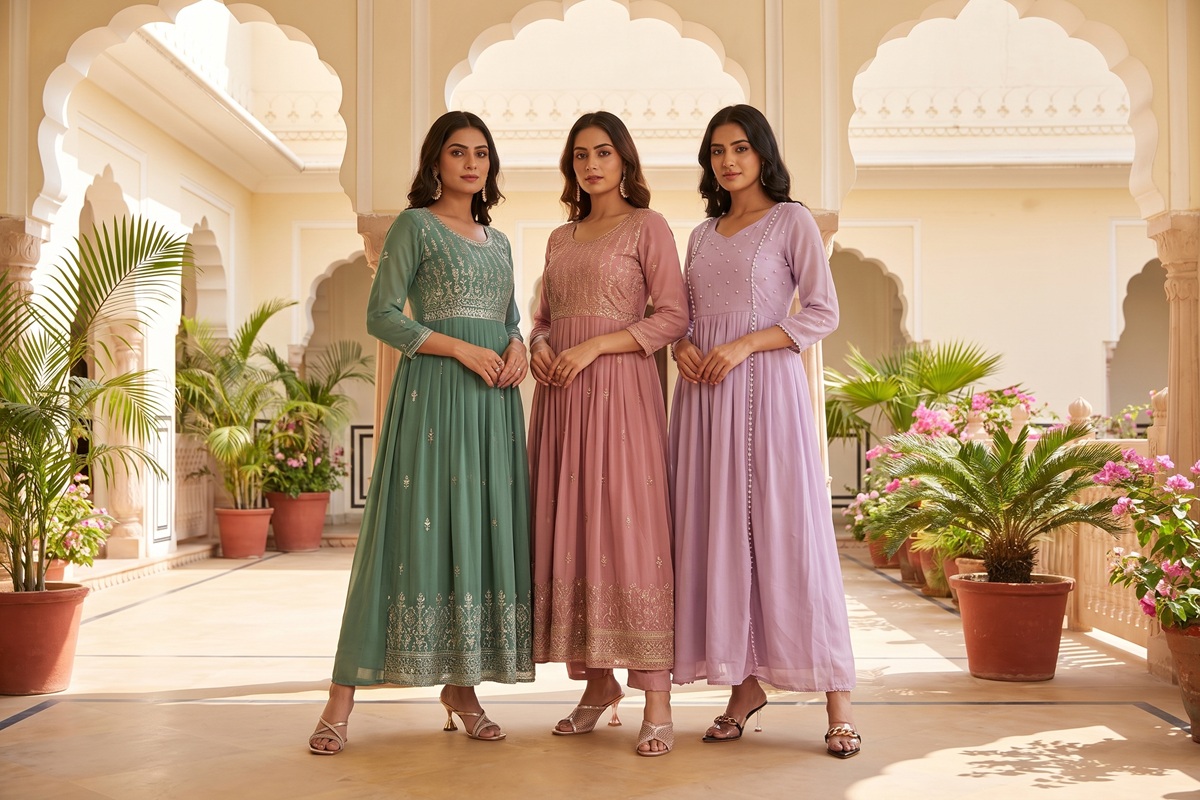 Three women wearing sage green, dusty rose and lavender Anarkali gowns with embellished heeled sandals in an arched courtyard.