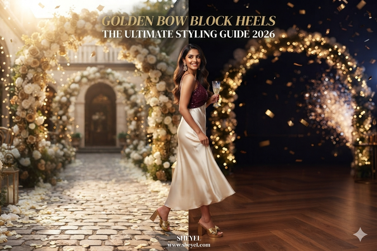 Womens Golden Bow Block Heel Sandals